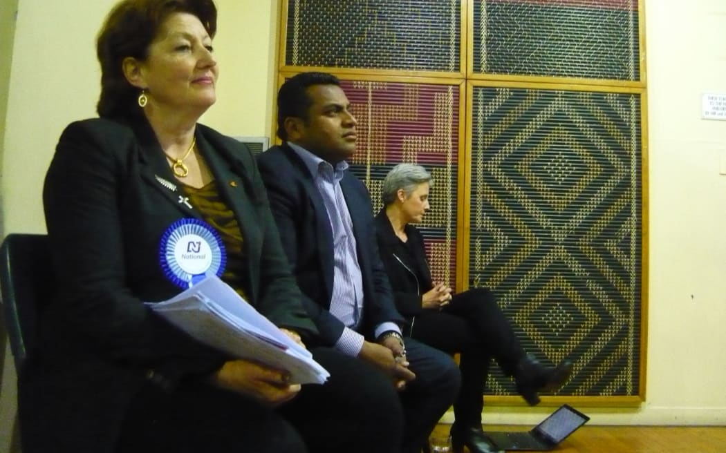 Maggie Barry, left, Kris Faafoi and Laila Harre at the Coalition for Better Broadcasting debate.
