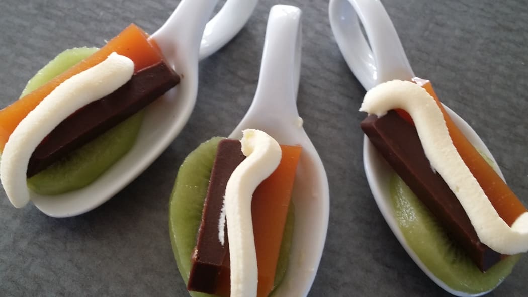 Kumara Fusion with chocolate, kiwifruit and mascarpone.