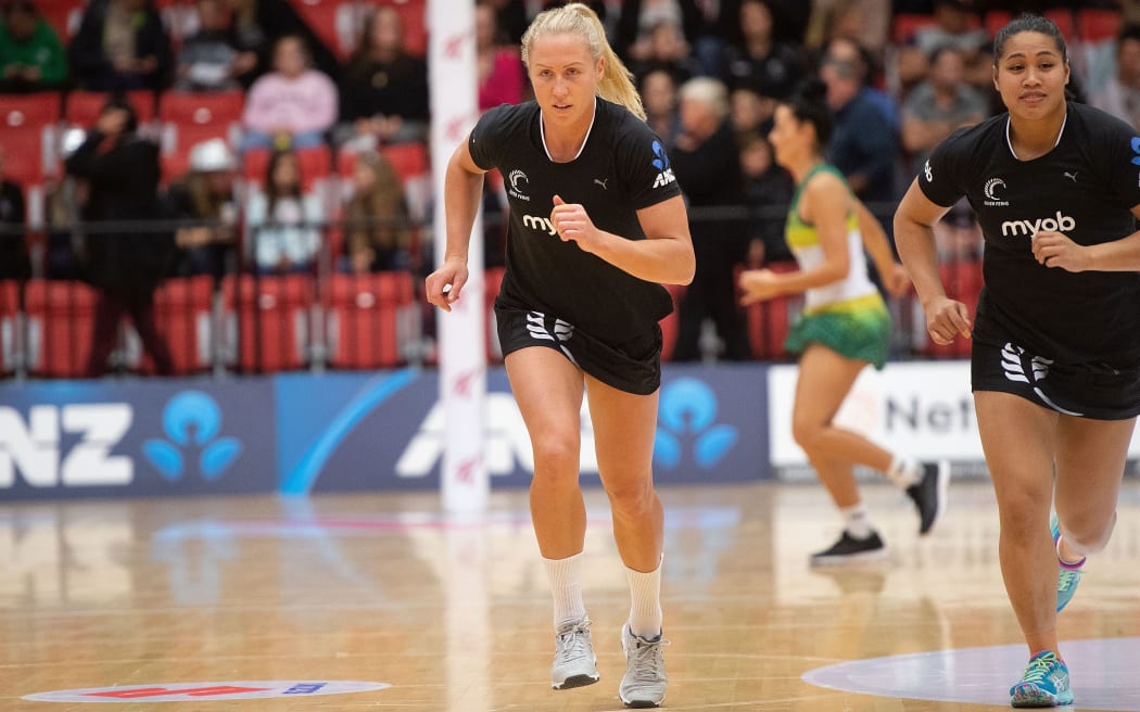 Silver ferns captain Laura Langman and Elisapeta Toeava warming up before match