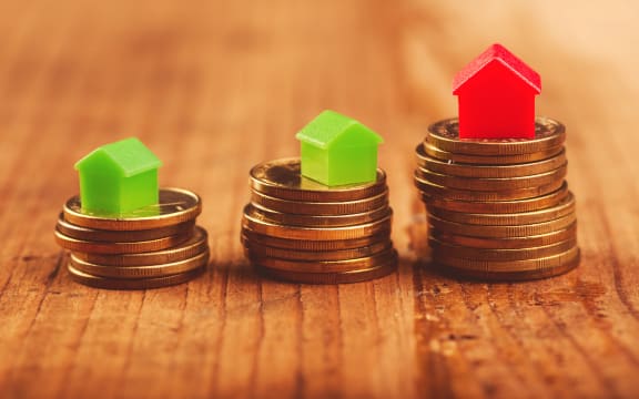 Real estate mortgages, as illustrated by houses stacked on top of coins.
