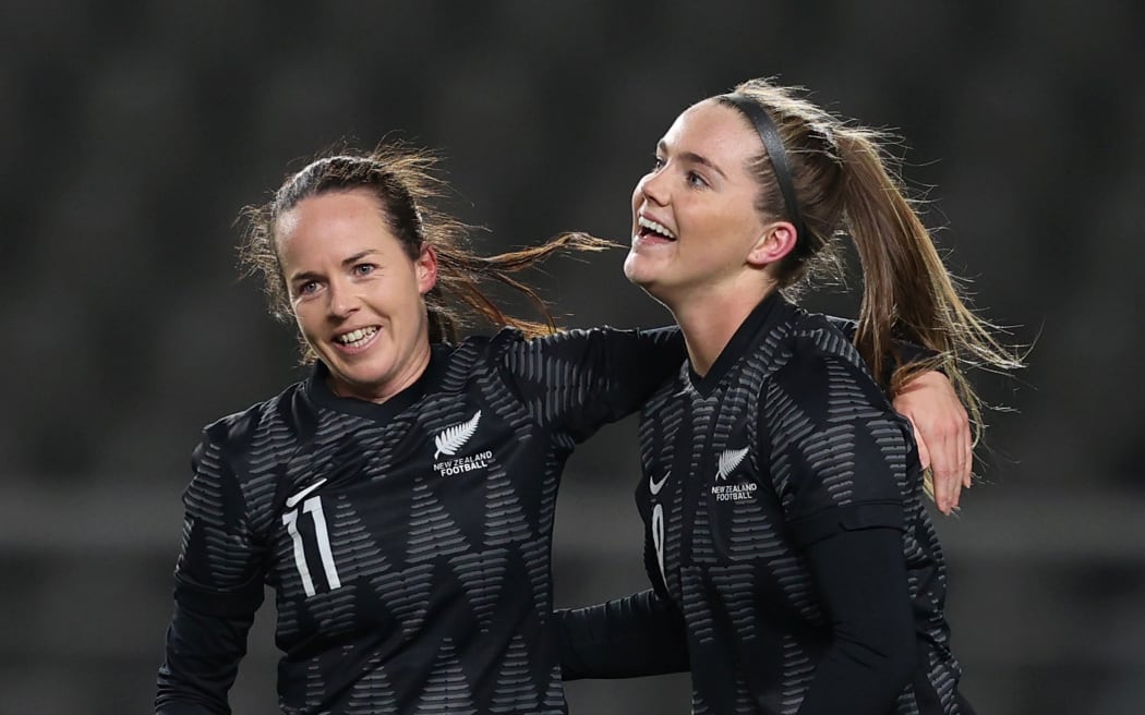 Olivia Chance and Gabi Rennie celebrate Rennie's goal against South Korea, 2021.