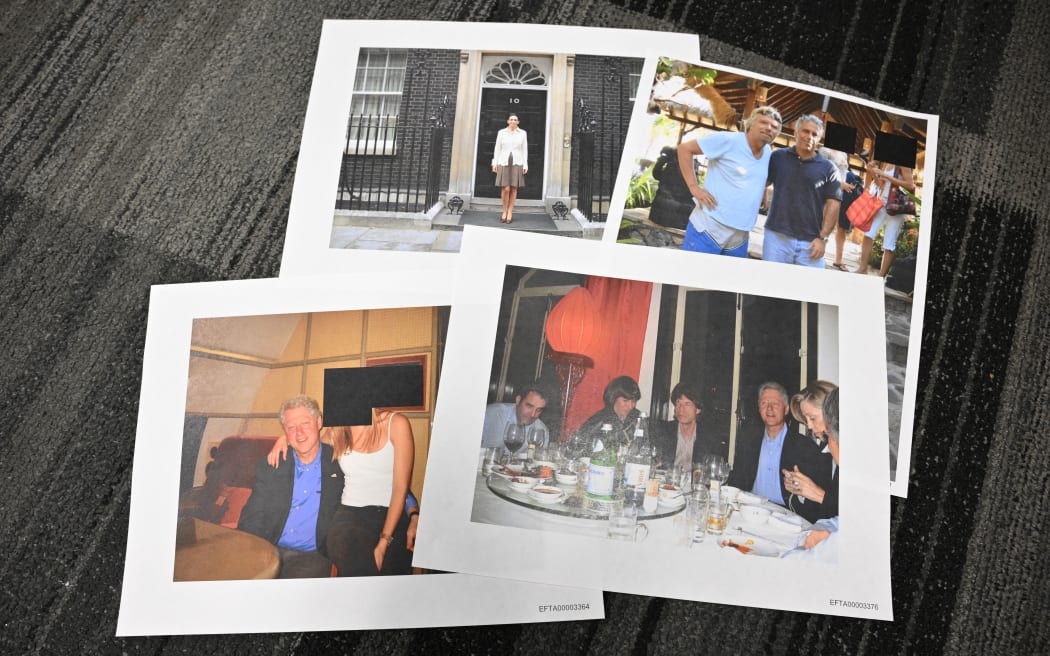 This photo illustration taken in Washington, DC, on December 19, 2025 shows photographs, including of former US president Bill Clinton, Rolling Stones singer Mick Jagger, Virgin Group chairman Richard Branson and Ghislaine Maxwell, after the US Justice Department began releasing the long-awaited records from the investigation into the politically explosive case of convicted sex offender Jeffrey Epstein. (Photo by Mandel NGAN / AFP)