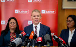 Labour leader Chris Hipkins with Ayesha Verrall, left, and Barbara Edmonds, right.