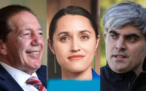 A mashup of three portraits. On the left, Sir Tim Shadbolt smiles at something off-camera. He is wearing a suit and tie. In the middle, Tania Tapsell looks at the camera thoughtfully. She is wearing pounamu earrings and a blue suit. On the right, Aaron Hawkins is talking to someone off-camera. He is wearing a black windbreaker.