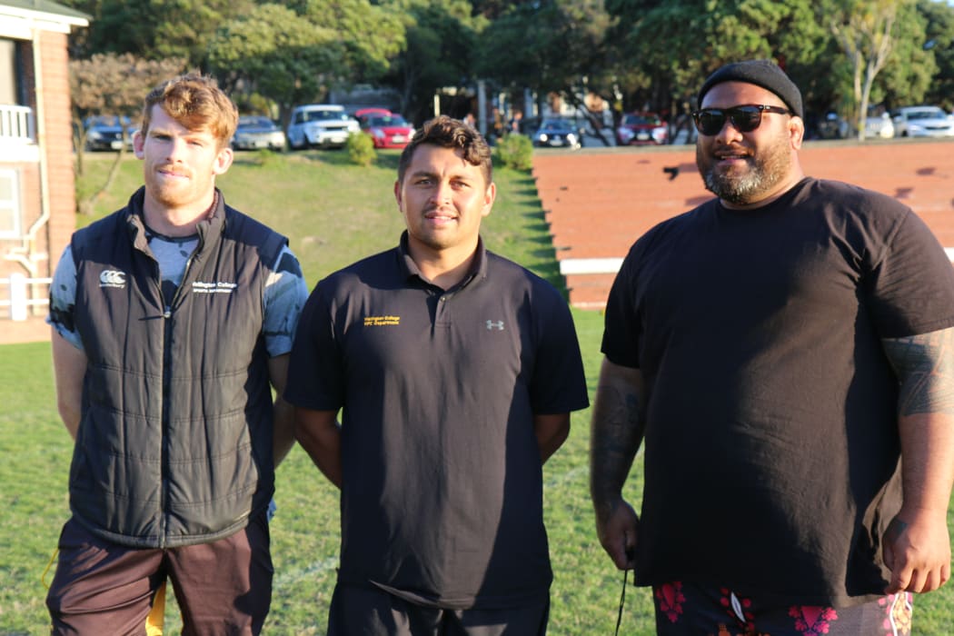 Wellington College First XV coaches Jack Coles, Jonnie Te Ruki-Chambers and Neemia Tialata.