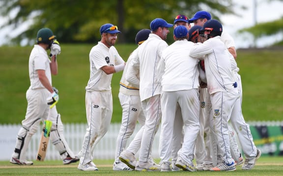 Otago players celebrate their win during the Plunket Shield Cricket Match Central Stags v Otago Volts. Saxton Oval, Nelson, New Zealand. Wednesday 10 November 2021.