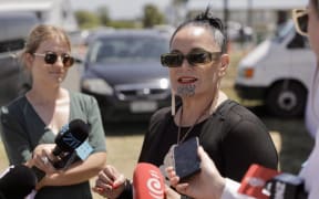 Te Pāti Māori co-leader Debbie Ngarewa-Packer speaking to media at Rātana on 24 January, 2025.