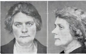 Black and white archival images of a woman (Elspeth Kerr). One image on the left of the woman looking at the camera, with a second image on the right of the woman side on.