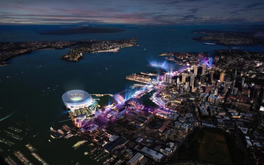 A mock-up aerial view of how Wynyard Point Stadium might look.