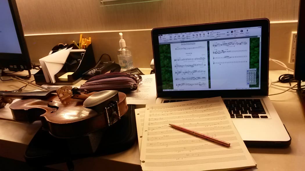Tools of the trade which composer Salina Fisher used to write a piece in two nights in her New York hotel room.