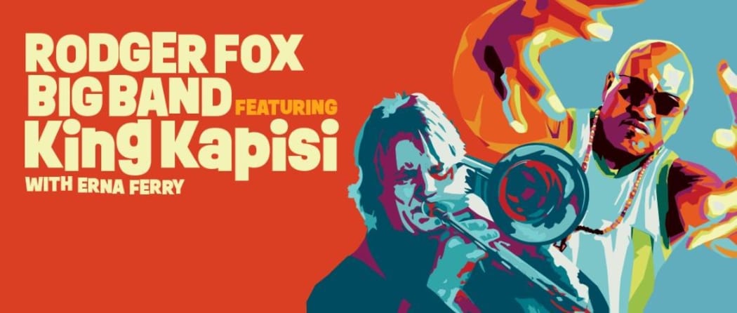 Banner advertising the Roger Fox Big Band Tour Featuring King Kapisi with Erna Ferry