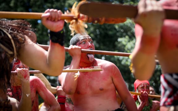 A haka on Parliament grounds during the presentation of petition to have the Land Wars recognised.