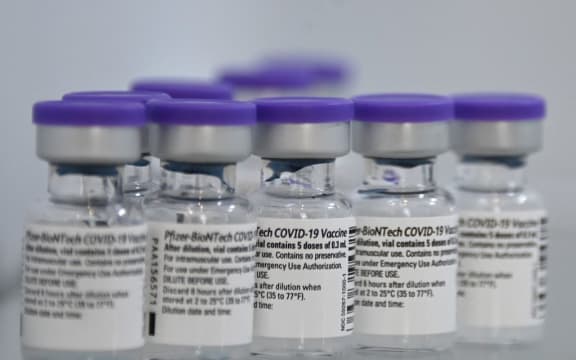 A photo shows Pfizer-BioNTech Covid-19 vaccine bottles at the Emile Muller hospital in Mulhouse, eastern France, on January 8, 2021.