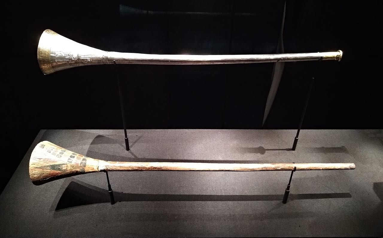 Silver and gold plated trumpet and its wooden mute from the tomb of Tutankhamun (1326-1336 BC)