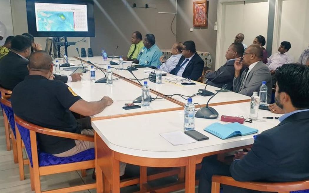 Response teams receiving an update on the tropical depression at Fiji's National Disaster Management Office.