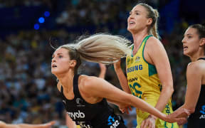Jane Watson of the Silver Ferns holds position over Caitlin Bassett of the Diamonds during the Constellation Cup match - Sunday 27th October 2019 in Perth, Australia.