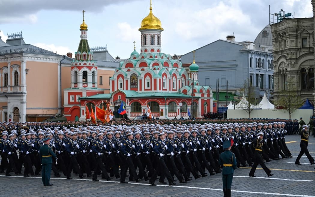Russian sailors march on Red Square during the Victory Day military parade in central Moscow on May 9, 2022. - Russia celebrates the 77th anniversary of the victory over Nazi Germany during World War II.