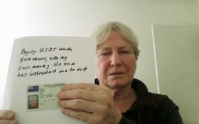 The scammers instructed Taranaki grandmother Jill Creasy to take this photo to demonstrate she was not being coerced into purchasing Bitcoin.