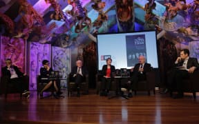 Four former PMs (and two RNZ staff) at the launch of the 9th Floor.