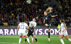 WELLINGTON, NEW ZEALAND - JULY 25: Jacqui Hand of New Zealand heads to score her team's first goal during the FIFA Women's World Cup Australia & New Zealand 2023 Group A match between New Zealand and Philippines at Wellington Regional Stadium on July 25, 2023 in Wellington, New Zealand. (Photo by Catherine Ivill/Getty Images)