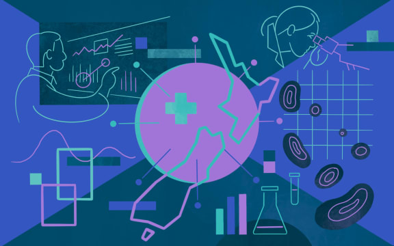 Line drawing of NZ, scientists, test tubes, and abstract shapes
