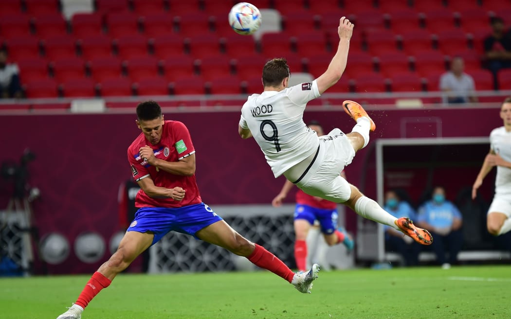 Chris Wood shoots for goal during New Zealand All Whites v Costa Rica, FIFA World Cup 2022 play-off match, Qatar, 2022.