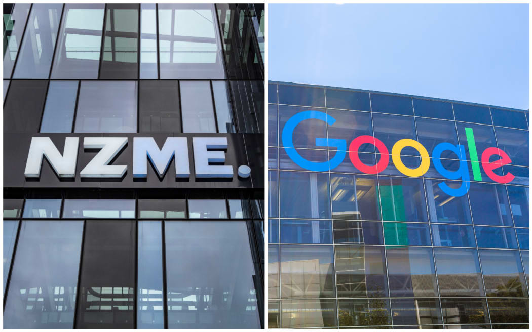 A composite picture of NZME and Google office signs.