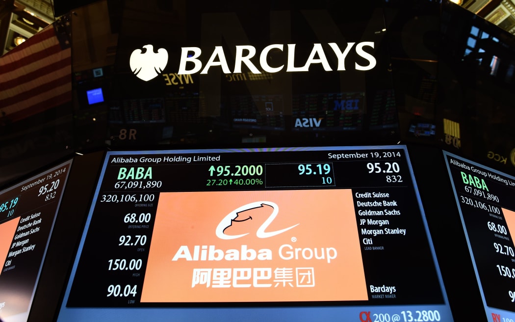 A screen with Alibaba's stock price on the floor at the New York Stock Exchange.