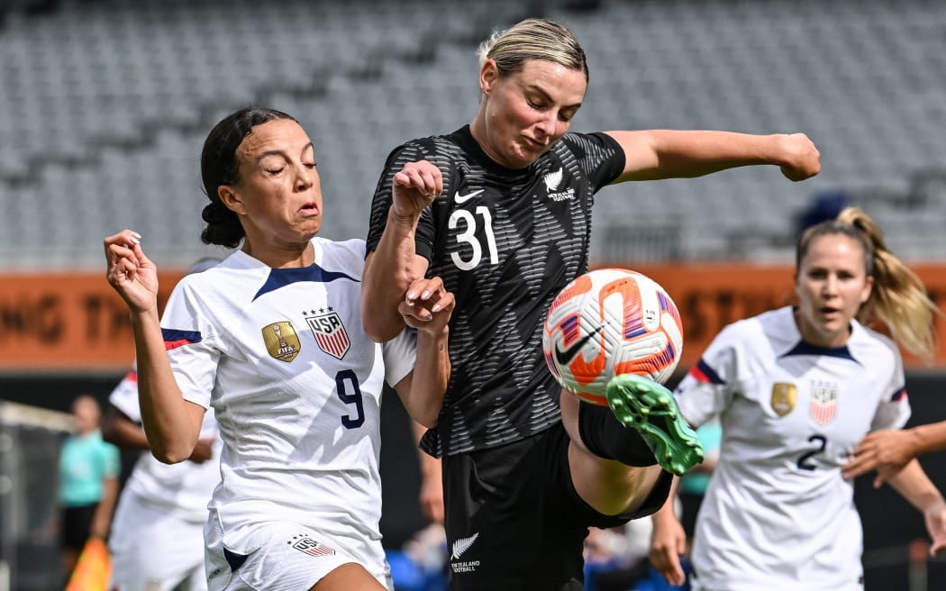 Anna Green challenge for the ball during New Zealand's friendly international against the United States at Eden Park.
