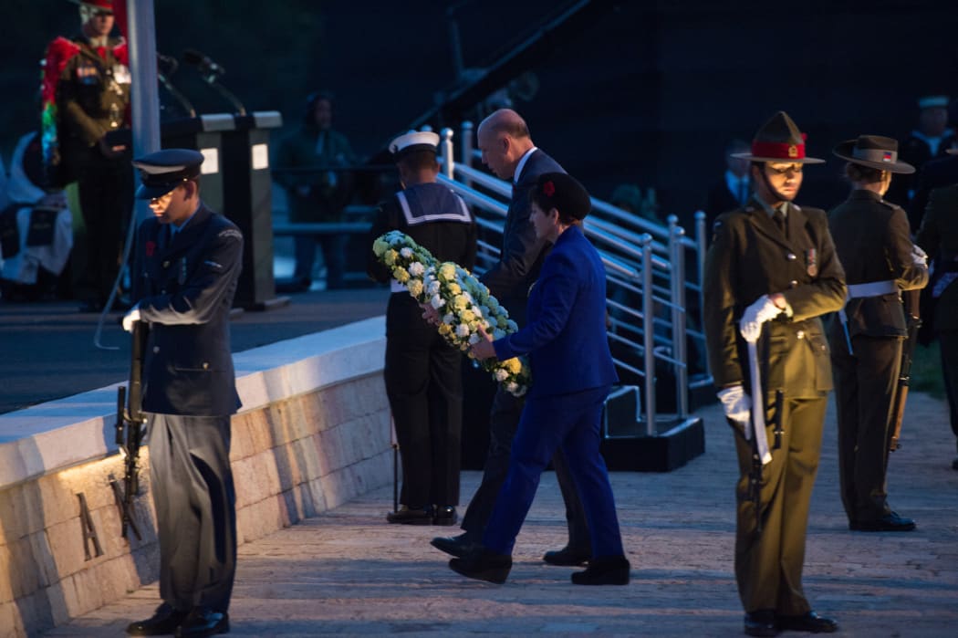 Governor-General Dame Patsy Reddy lays a wreath at the Dawn Service at the Anzac Commemorative Site in Gallipoli today.