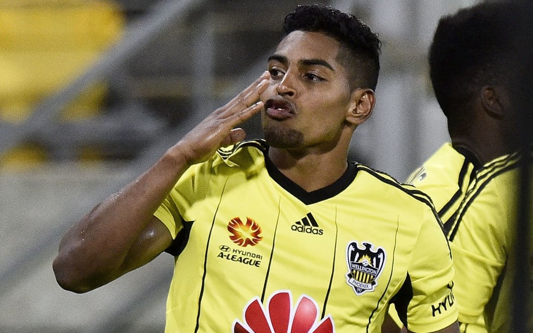 Wellington Phoenix striker Roy Krishna celebrates a goal.