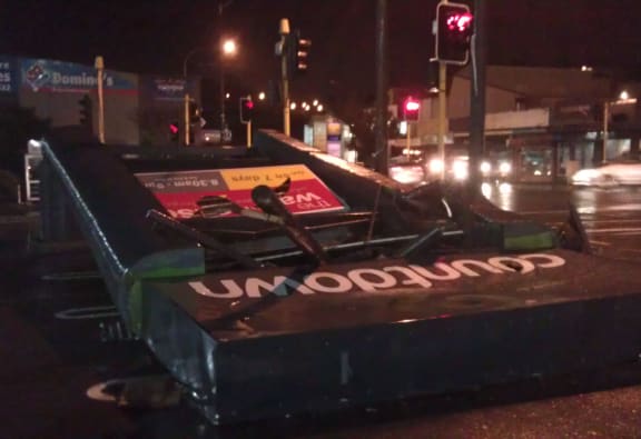A supermarket sign was toppled onto a carpark in Johnsonville.