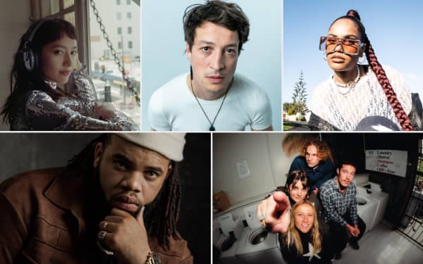 Composite image of artists, from top left, clockwise, Fazerdaze (Amelia Murray), Marlon Williams, JessB, band There's a Tuesday and Mazbou Q.