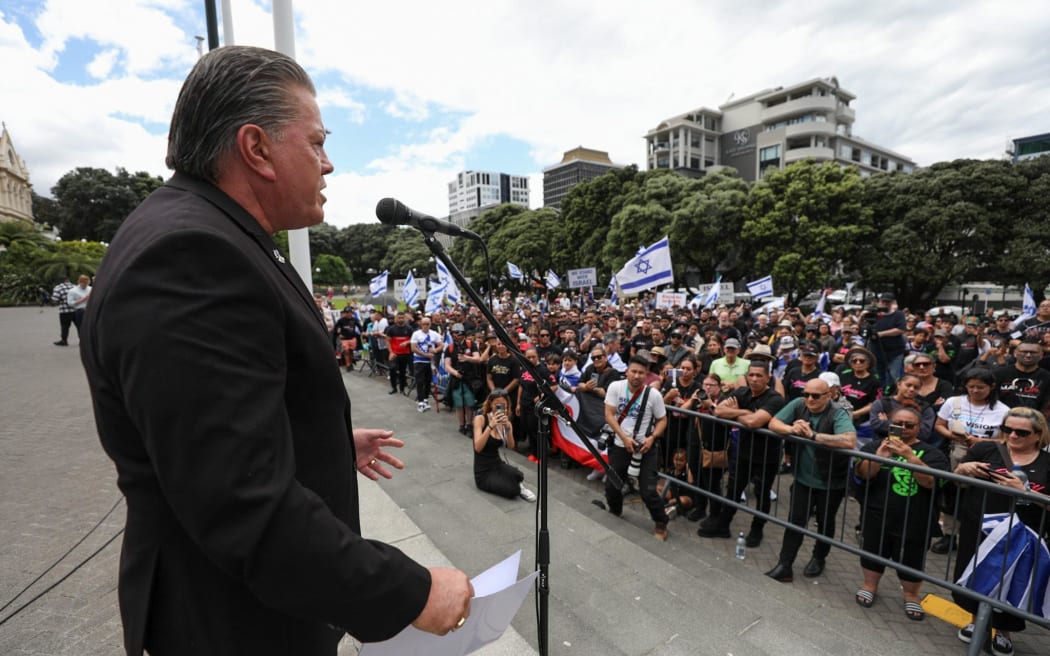 Bishop Brian Tamaki speaking at a rally attended by about 400 people that he organised along with members of Destiny Church to show support for Israel on 7 December 2023.