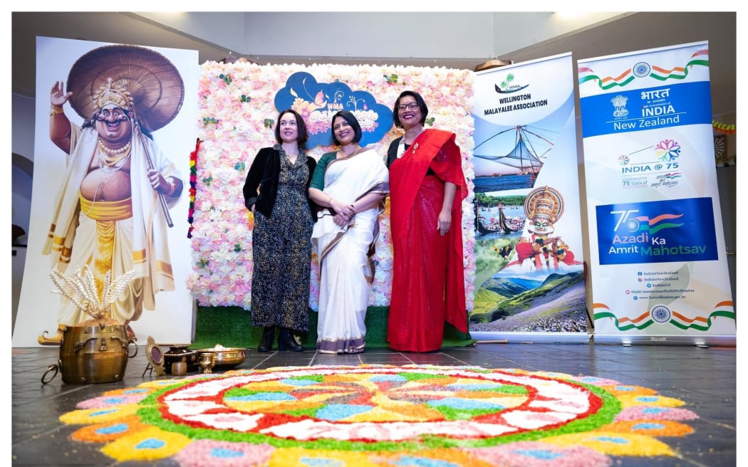 Lawmakers Priyanca Radhakrishan, Ginny Anderson and Barbara Edmonds attend the Wellington Onam event.