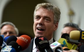 German ambassador to Venezuela Daniel Kriener speaks to journalists after attending a meeting with Venezuela's opposition leader and self-proclaimed acting president Juan Guaido, at the National Assembly in Caracas.