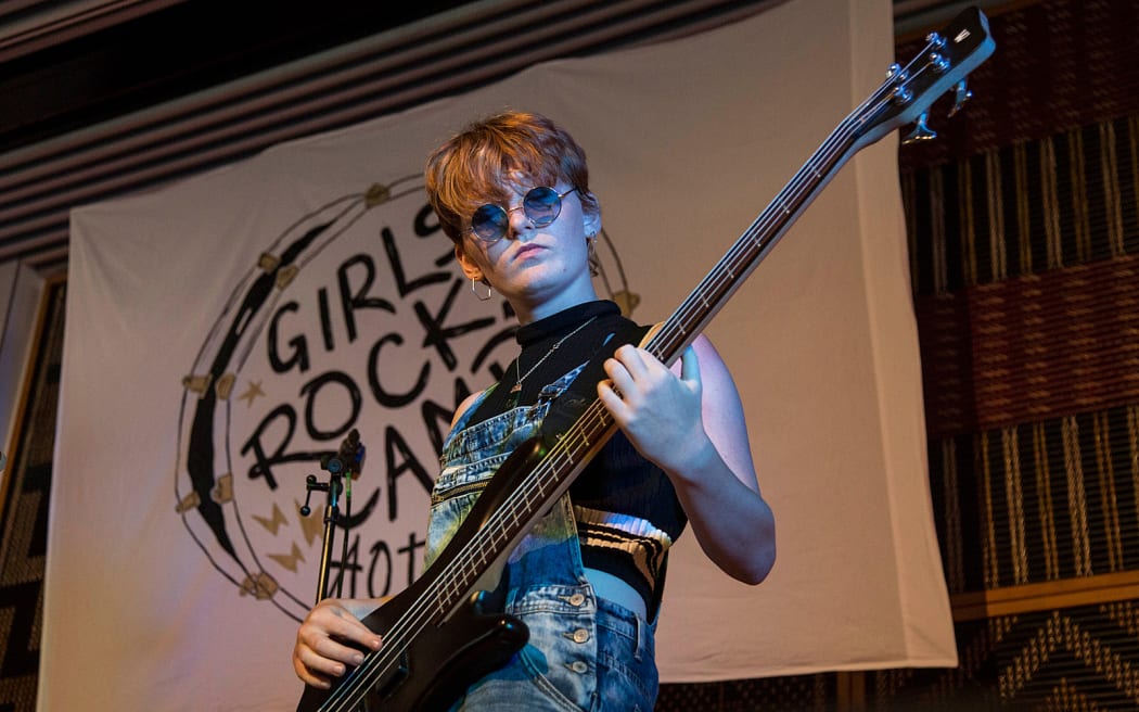Pip Owles, 15, at the Girls Rock! Camp Aotearoa showcase.