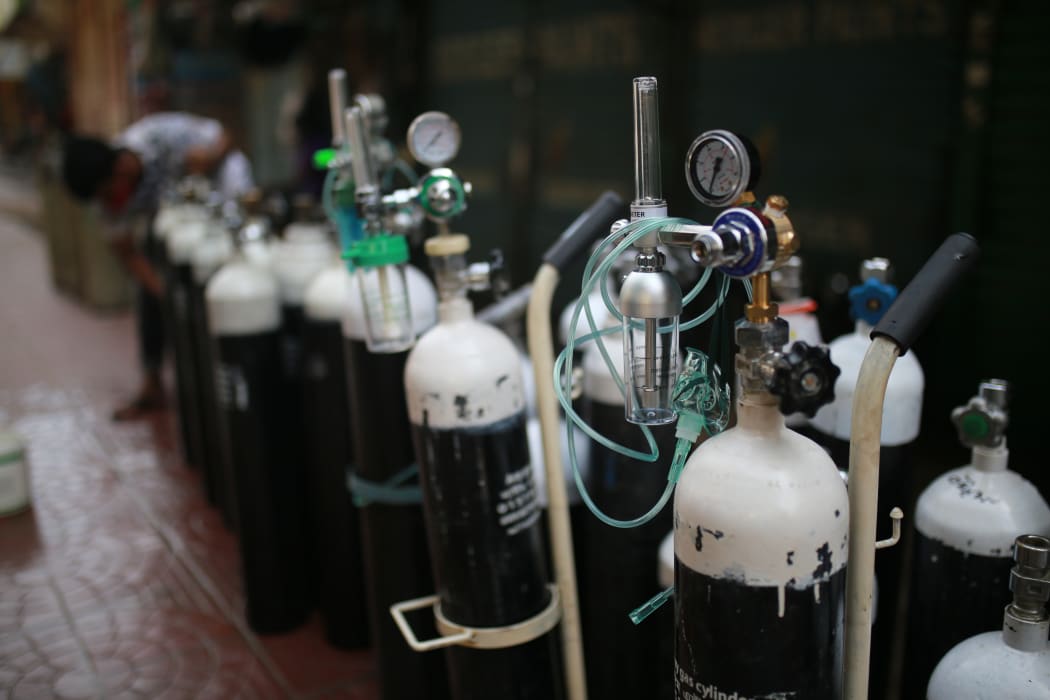 Oxygen cylinders on sale at a store as cylinders demand rise up causes of the Covid-19 patients increasing rapidly across the country, in Dhaka, Bangladesh on June 5, 2020.