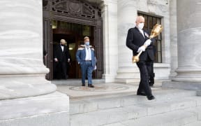 The newly elected Speaker of Parliament, Adrian Rurawhe, follows the Serjeant-at-Arms, Steve Streefkerk, as the delegation heads for Government House to receive credentials from the Governor-General to formally assume the role of Speake. 24 August 2022.