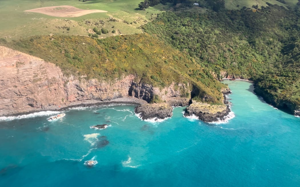 Much of the fishing boat Austro Carina was underwater after hitting rocks at Shell Bay, Banks Peninsula, on Sunday.
