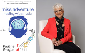 A composite image showing Pauline's book cover on the left, and Pauline on the right. The book cover says "MISS ADVENTURE - HEALING WITH MUSIC - PAULINE GROGAN" and features a graphic of a person listening to music through headphones. Pauline is sitting on a white armchair wearing a peach blazer.