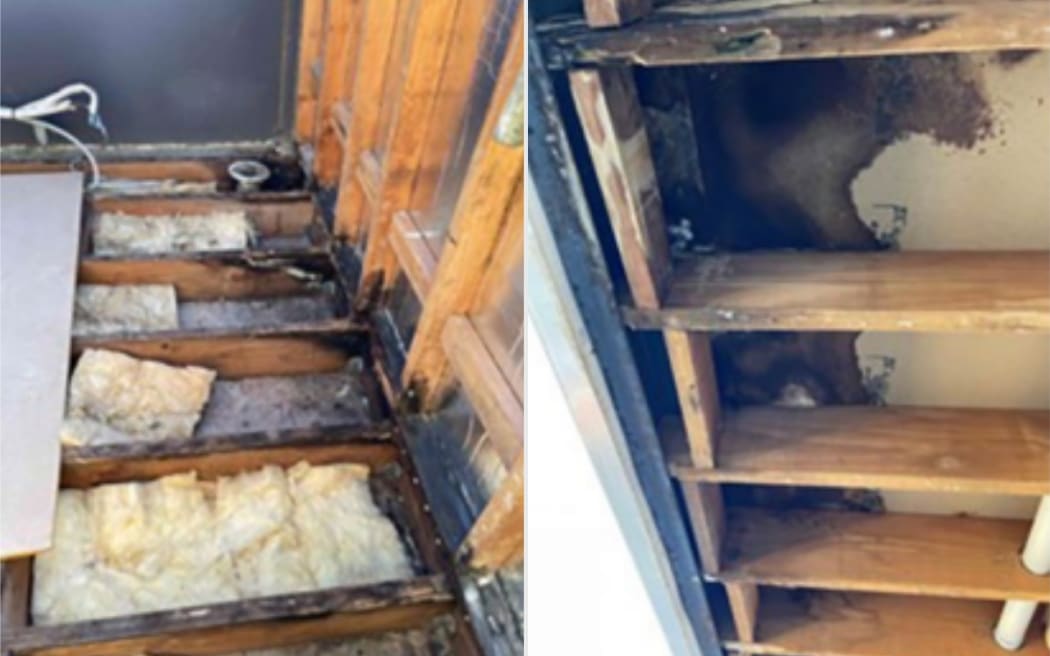Upper level balcony; tiling removed to show rotten timber to balcony structure, and bottom of apartment stud wall. Underside of balcony; substrate with significant rot from water and timber joists showing rot.