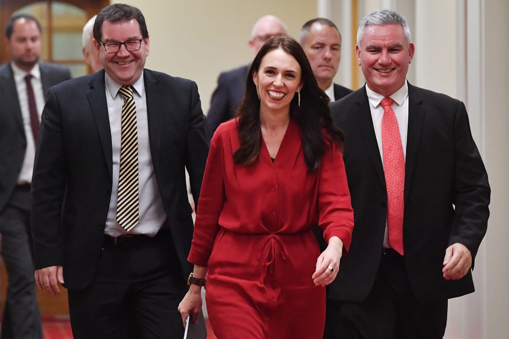 Labour Party leader Jacinda Ardern with MPs Kelvin Davis, right, and Grant  Robertson.