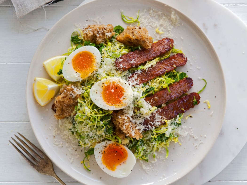 Brussel sprout caesar salad with tempeh bacon