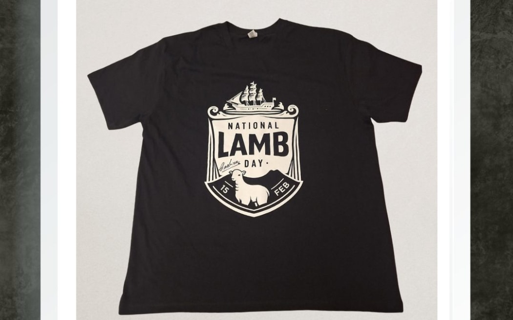 The prime minister's infamous National Lamb Day T-shirt-over-suit shirt - from the listing on the TradeMe auction, February 2025.