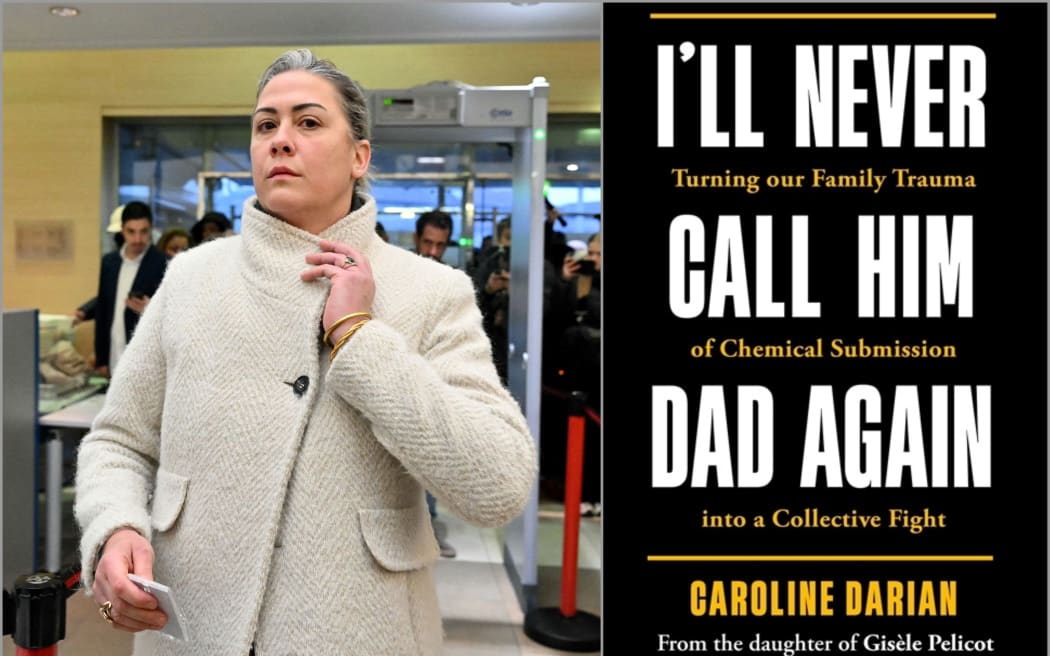 An image of Caroline Darian from her father's trial. Right, a copy of her book 'I'll Never Call Him Dad Again'.