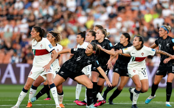 Gabi Rennie (9) playing for the Football Ferns against Portugal, 2023.