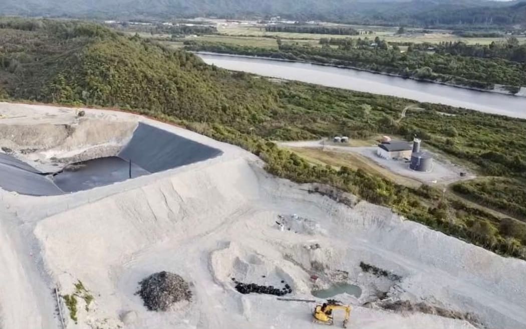 An aerial view of Taylorville Resource Park looking east, with the Grey River in the background and the Greymouth townwater supply treatment plant site immediately to the right of the landfill site.