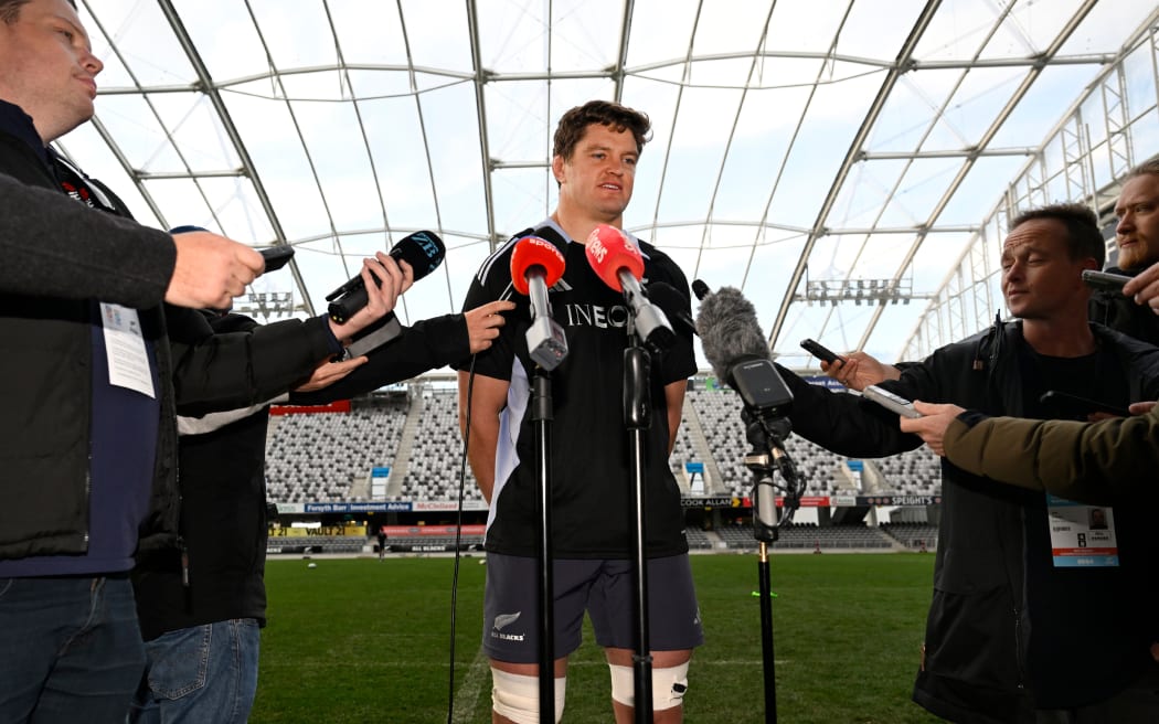 All Blacks captain Scott Barrett talks to the media.