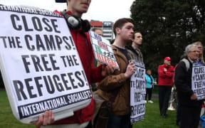 Protestors call for an end to Australia's offshore detention camps at a protest outside Parliament in Wellington 25 August 2016